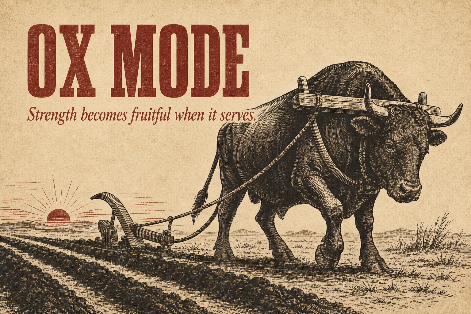 Linocut illustration of a patient ox pulling a plow through three furrows